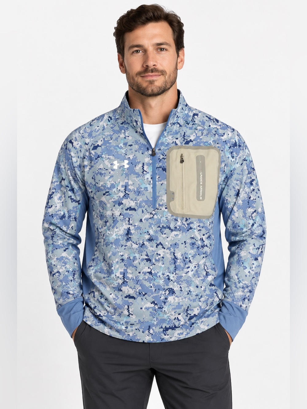 Under Armour Men’s XL Digital Camo 1/4 Zip Pullover Blue Gray Chest Pocket